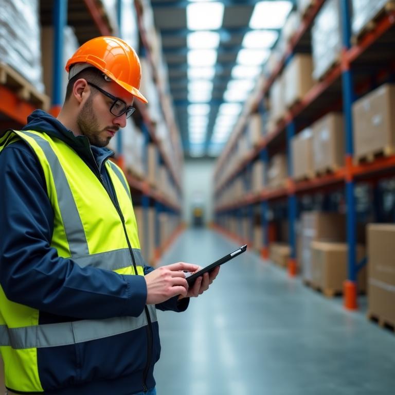 Inventory management expert using a handheld tablet in a warehouse setting